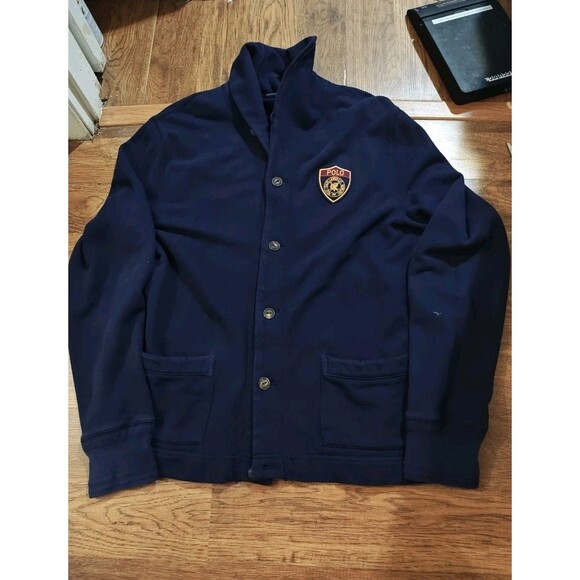 Vtg 90s Polo Ralph Lauren Cardigan Knit Sweater Mens Medium Scribble Blue - Picture 1 of 8